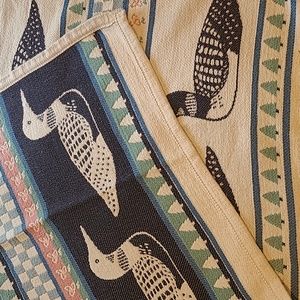 LL Bean 100% Cotton Blanket Reversible Loon and Pine trees Pattern